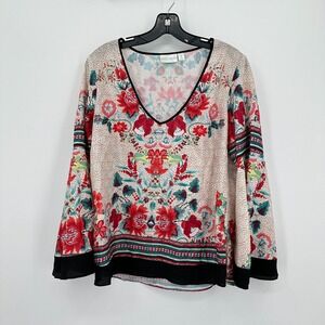 Bisou Bisou Top‎ Womens Medium White Red Floral Blouse Bell Sleeve Peasant Boho